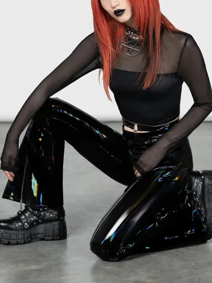 Shiny Iridescent Black Flare Pants - Image 2