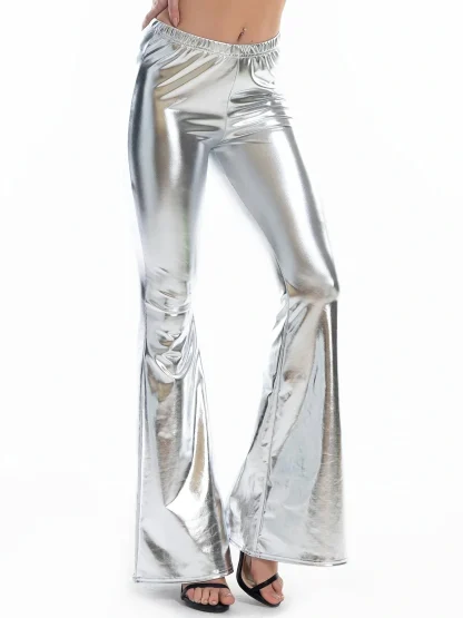 Metallic Elastic Waist Flare Pants