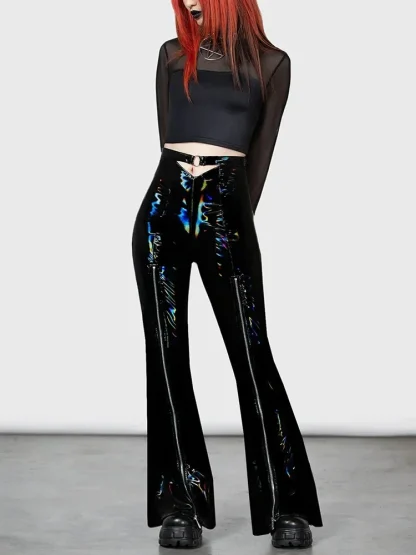 Shiny Iridescent Black Flare Pants