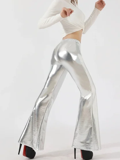 Metallic Elastic Waist Flare Pants - Image 2