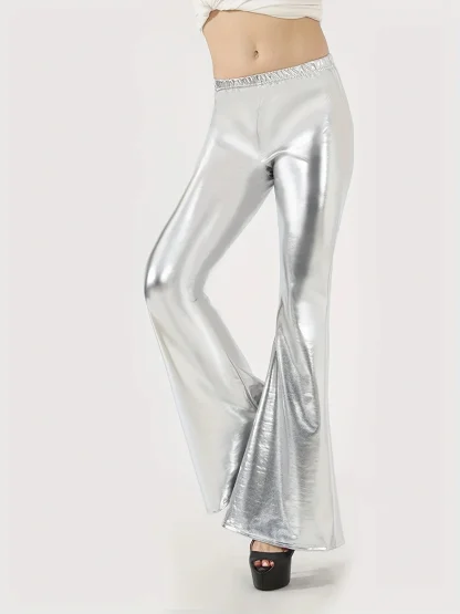 Metallic Elastic Waist Flare Pants - Image 5
