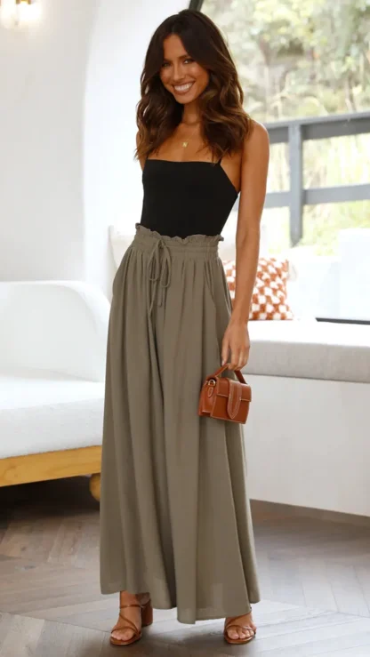 Flowy Elastic Waist Flare Pants - Image 5