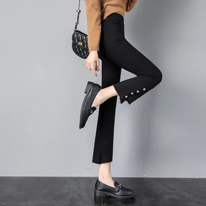 Buttoned Decor Black Flare Pants - Image 2