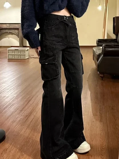 Cargo Black Denim Flare Pants - Image 3