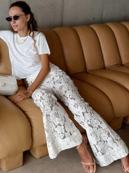 White Sheer Lace Flare Pants