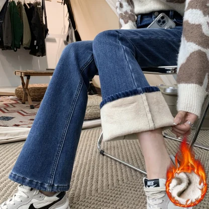 High-waist Denim Fleece Flare Pants