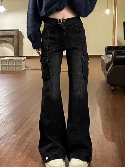 Cargo Black Denim Flare Pants - Image 4