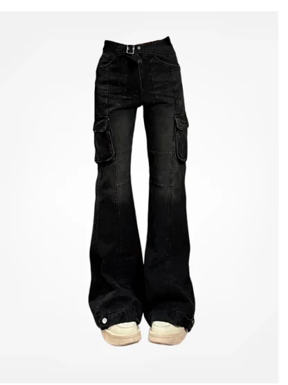 Cargo Black Denim Flare Pants