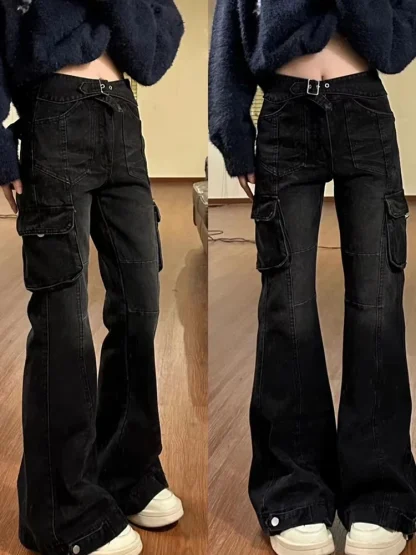 Cargo Black Denim Flare Pants - Image 2