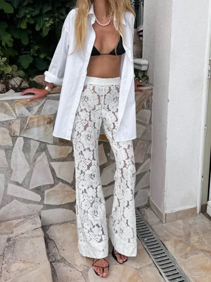 White Sheer Lace Flare Pants - Image 3