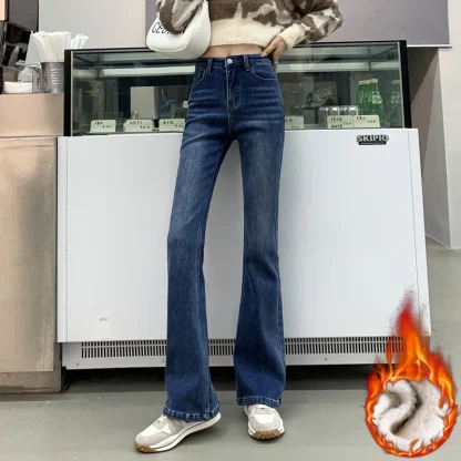 High-waist Denim Fleece Flare Pants - Image 2